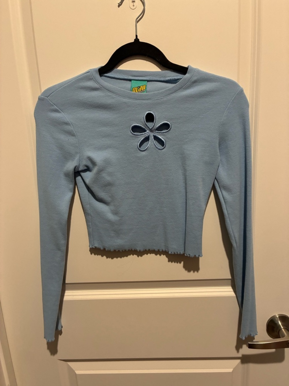 Light Blue Long Sleeve Crop Tee with Flower Cutout - Women